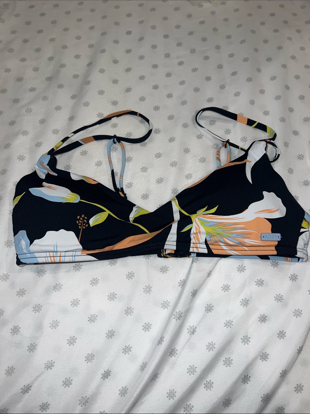 Roxy Black Floral Print Bikini Top with Orange and Light Blue Accents
